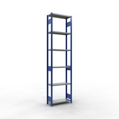 Grundregal, Fachbodenregal Stecksystem MULTIplus250, 3000 x 750 x 600 mm (HxBxT), 7 Fachböden, Längenriegel, RAL 5010 enzianblau/verzinkt/verzinkt