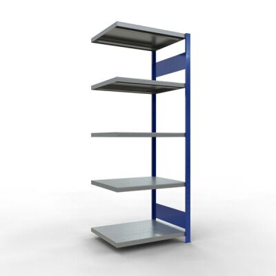 Anbauregal, Fachbodenregal Stecksystem MULTIplus250, 2000 x 750 x 600 mm (HxBxT), 5 Fachböden, Längenriegel, RAL 5010 enzianblau/verzinkt/verzinkt