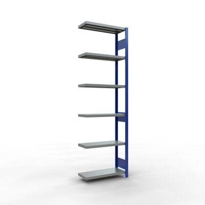 Anbauregal, Fachbodenregal Stecksystem MULTIplus250, 2500 x 750 x 600 mm (HxBxT), 6 Fachböden, Längenriegel, RAL 5010 enzianblau/verzinkt/verzinkt