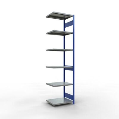 Anbauregal, Fachbodenregal Stecksystem MULTIplus250, 3000 x 750 x 600 mm (HxBxT), 7 Fachböden, Längenriegel, RAL 5010 enzianblau/verzinkt/verzinkt