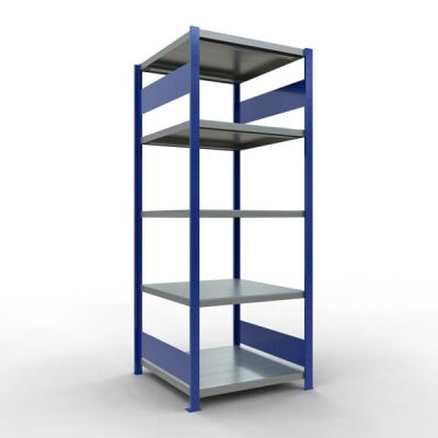Grundregal, Fachbodenregal Stecksystem MULTIplus250, 2000 x 750 x 800 mm (HxBxT), 5 Fachböden, Längenriegel, RAL 5010 enzianblau/verzinkt/verzinkt