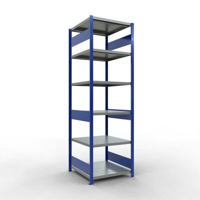 Grundregal, Fachbodenregal Stecksystem MULTIplus250, 2500 x 750 x 800 mm (HxBxT), 6 Fachböden, Längenriegel, RAL 5010 enzianblau/verzinkt/verzinkt