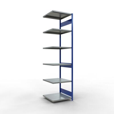 Anbauregal, Fachbodenregal Stecksystem MULTIplus250, 3000 x 750 x 800 mm (HxBxT), 7 Fachböden, Längenriegel, RAL 5010 enzianblau/verzinkt/verzinkt