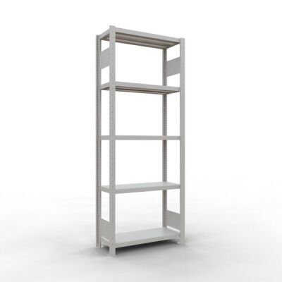 Grundregal, Fachbodenregal Stecksystem MULTIplus250, 2000 x 1000 x 300 mm (HxBxT), 5 Fachböden, Längenriegel, RAL 7035 lichtgrau
