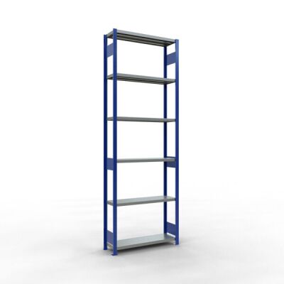 Grundregal, Fachbodenregal Stecksystem MULTIplus250, 3000 x 1000 x 300 mm (HxBxT), 7 Fachböden, Längenriegel, RAL 5010 enzianblau/verzinkt