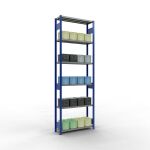 Grundregal, Fachbodenregal Stecksystem MULTIplus250, 3000 x 1000 x 300 mm (HxBxT), 7 Fachböden, Längenriegel, RAL 5010 enzianblau/verzinkt
