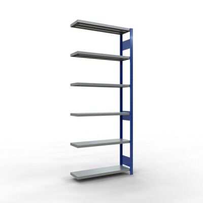 Anbauregal, Fachbodenregal Stecksystem MULTIplus250, 2500 x 1000 x 300 mm (HxBxT), 6 Fachböden, Längenriegel, RAL 5010 enzianblau/verzinkt