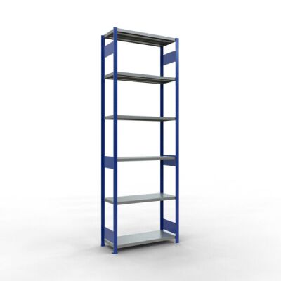 Grundregal, Fachbodenregal Stecksystem MULTIplus250, 3000 x 1000 x 400 mm (HxBxT), 7 Fachböden, Längenriegel, RAL 5010 enzianblau/verzinkt