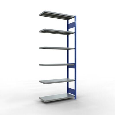 Anbauregal, Fachbodenregal Stecksystem MULTIplus250, 2500 x 1000 x 400 mm (HxBxT), 6 Fachböden, Längenriegel, RAL 5010 enzianblau/verzinkt