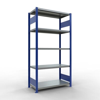 Grundregal, Fachbodenregal Stecksystem MULTIplus250, 2000 x 1000 x 500 mm (HxBxT), 5 Fachböden, Längenriegel, RAL 5010 enzianblau/verzinkt