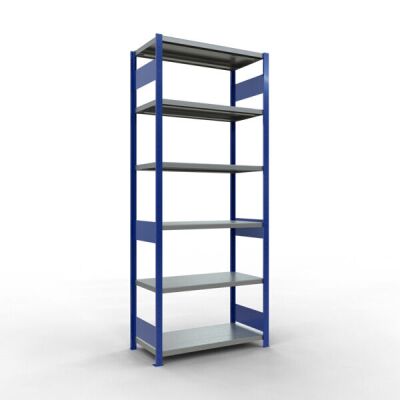 Grundregal, Fachbodenregal Stecksystem MULTIplus250, 2500 x 1000 x 500 mm (HxBxT), 6 Fachböden, Längenriegel, RAL 5010 enzianblau/verzinkt