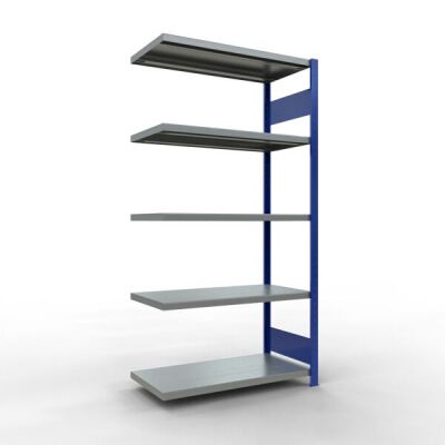 Anbauregal, Fachbodenregal Stecksystem MULTIplus250, 2000 x 1000 x 500 mm (HxBxT), 5 Fachböden, Längenriegel, RAL 5010 enzianblau/verzinkt