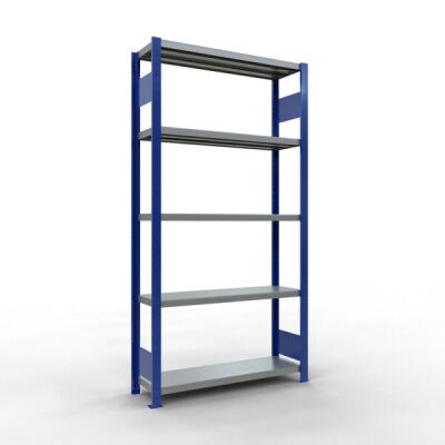 Grundregal, Fachbodenregal Stecksystem MULTIplus250, 2000 x 1000 x 600 mm (HxBxT), 5 Fachböden, Längenriegel, RAL 5010 enzianblau/verzinkt