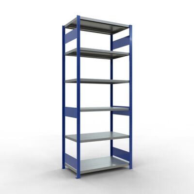 Grundregal, Fachbodenregal Stecksystem MULTIplus250, 2500 x 1000 x 600 mm (HxBxT), 6 Fachböden, Längenriegel, RAL 5010 enzianblau/verzinkt