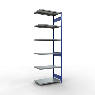 Anbauregal, Fachbodenregal Stecksystem MULTIplus250, 3000 x 1000 x 600 mm (HxBxT), 7 Fachböden, Längenriegel, RAL 5010 enzianblau/verzinkt