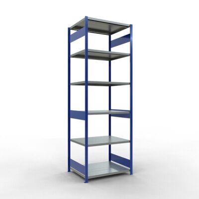 Grundregal, Fachbodenregal Stecksystem MULTIplus250, 3000 x 1000 x 800 mm (HxBxT), 7 Fachböden, Längenriegel, RAL 5010 enzianblau/verzinkt
