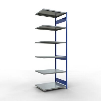 Anbauregal, Fachbodenregal Stecksystem MULTIplus250, 3000 x 1000 x 800 mm (HxBxT), 7 Fachböden, Längenriegel, RAL 5010 enzianblau/verzinkt