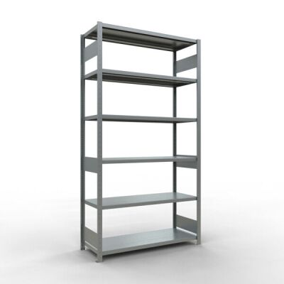 Grundregal, Fachbodenregal Stecksystem MULTIplus250, 2500 x 1300 x 500 mm (HxBxT), 6 Fachböden, Längenriegel, verzinkt
