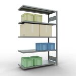 Anbauregal, Fachbodenregal Stecksystem MULTIplus250, 2000 x 1300 x 500 mm (HxBxT), 5 Fachböden, Längenriegel, verzinkt