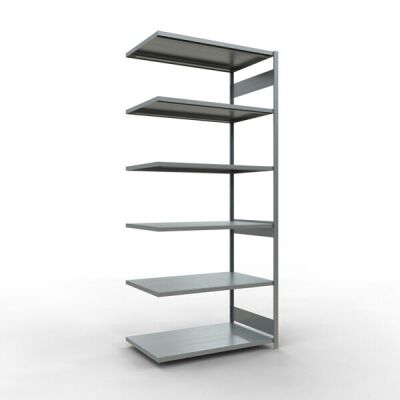Anbauregal, Fachbodenregal Stecksystem MULTIplus250, 3000 x 1300 x 800 mm (HxBxT), 7 Fachböden, Längenriegel, verzinkt