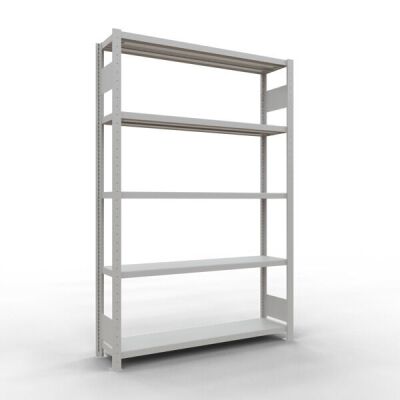 Grundregal, Fachbodenregal Stecksystem MULTIplus250, 2000 x 1300 x 300 mm (HxBxT), 5 Fachböden, Längenriegel, RAL 7035 lichtgrau