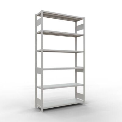 Grundregal, Fachbodenregal Stecksystem MULTIplus250, 2500 x 1300 x 400 mm (HxBxT), 6 Fachböden, Längenriegel, RAL 7035 lichtgrau