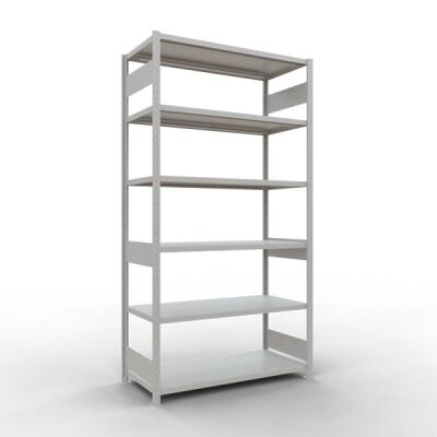 Grundregal, Fachbodenregal Stecksystem MULTIplus250, 2500 x 1300 x 600 mm (HxBxT), 6 Fachböden, Längenriegel, RAL 7035 lichtgrau