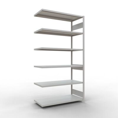 Anbauregal, Fachbodenregal Stecksystem MULTIplus250, 2500 x 1300 x 600 mm (HxBxT), 6 Fachböden, Längenriegel, RAL 7035 lichtgrau