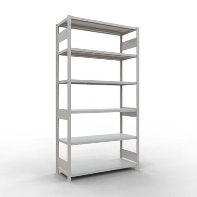 Grundregal, Fachbodenregal Stecksystem MULTIplus250, 2500 x 1300 x 800 mm (HxBxT), 6 Fachböden, Längenriegel, RAL 7035 lichtgrau