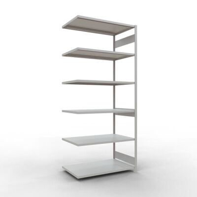 Anbauregal, Fachbodenregal Stecksystem MULTIplus250, 3000 x 1300 x 800 mm (HxBxT), 7 Fachböden, Längenriegel, RAL 7035 lichtgrau