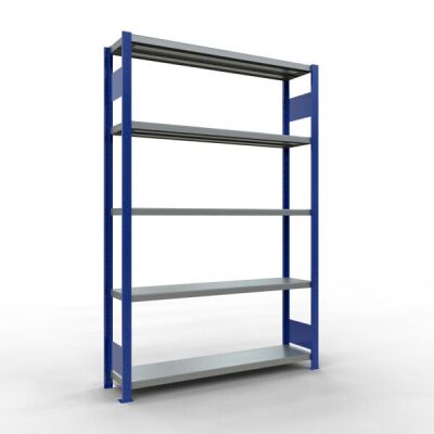 Grundregal, Fachbodenregal Stecksystem MULTIplus250, 2000 x 1300 x 300 mm (HxBxT), 5 Fachböden, Längenriegel, RAL 5010 enzianblau/verzinkt