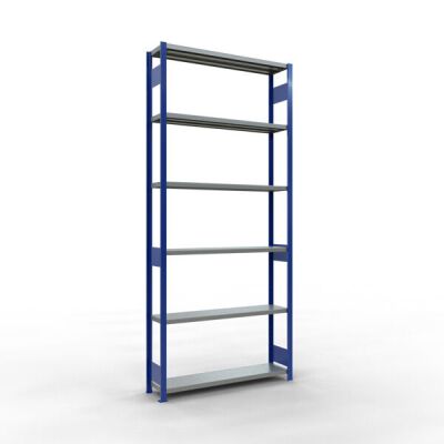 Grundregal, Fachbodenregal Stecksystem MULTIplus250, 3000 x 1300 x 300 mm (HxBxT), 7 Fachböden, Längenriegel, RAL 5010 enzianblau/verzinkt