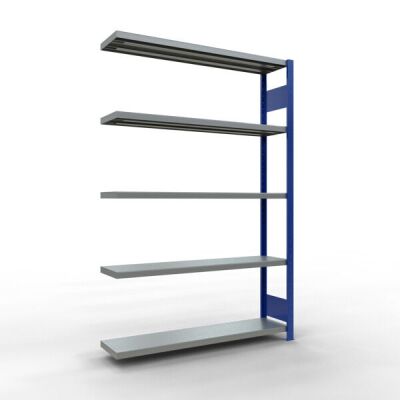 Anbauregal, Fachbodenregal Stecksystem MULTIplus250, 2000 x 1300 x 300 mm (HxBxT), 5 Fachböden, Längenriegel, RAL 5010 enzianblau/verzinkt