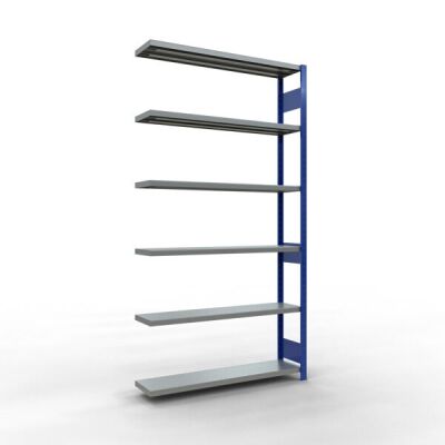 Anbauregal, Fachbodenregal Stecksystem MULTIplus250, 2500 x 1300 x 300 mm (HxBxT), 6 Fachböden, Längenriegel, RAL 5010 enzianblau/verzinkt