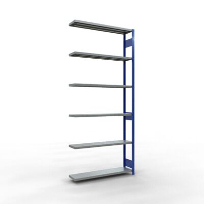 Anbauregal, Fachbodenregal Stecksystem MULTIplus250, 3000 x 1300 x 300 mm (HxBxT), 7 Fachböden, Längenriegel, RAL 5010 enzianblau/verzinkt