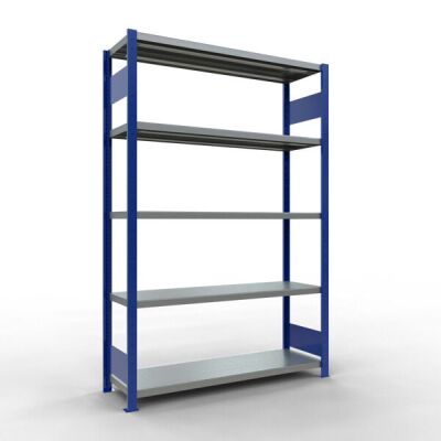 Grundregal, Fachbodenregal Stecksystem MULTIplus250, 2000 x 1300 x 400 mm (HxBxT), 5 Fachböden, Längenriegel, RAL 5010 enzianblau/verzinkt