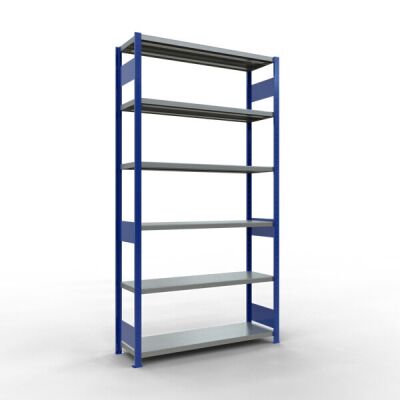 Grundregal, Fachbodenregal Stecksystem MULTIplus250, 2500 x 1300 x 400 mm (HxBxT), 6 Fachböden, Längenriegel, RAL 5010 enzianblau/verzinkt