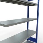 Anbauregal, Fachbodenregal Stecksystem MULTIplus250, 2000 x 1300 x 400 mm (HxBxT), 5 Fachböden, Längenriegel, RAL 5010 enzianblau/verzinkt