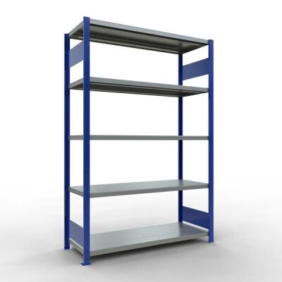 Grundregal, Fachbodenregal Stecksystem MULTIplus250, 2000 x 1300 x 500 mm (HxBxT), 5 Fachböden, Längenriegel, RAL 5010 enzianblau/verzinkt