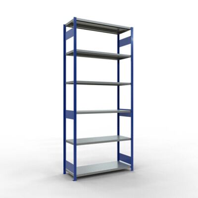 Grundregal, Fachbodenregal Stecksystem MULTIplus250, 3000 x 1300 x 500 mm (HxBxT), 7 Fachböden, Längenriegel, RAL 5010 enzianblau/verzinkt