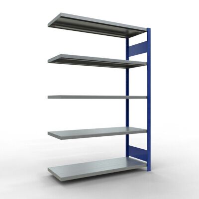 Anbauregal, Fachbodenregal Stecksystem MULTIplus250, 2000 x 1300 x 500 mm (HxBxT), 5 Fachböden, Längenriegel, RAL 5010 enzianblau/verzinkt
