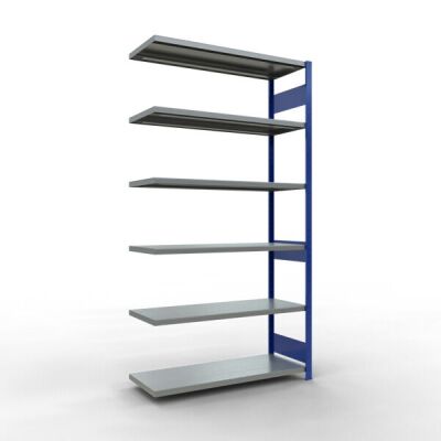 Anbauregal, Fachbodenregal Stecksystem MULTIplus250, 2500 x 1300 x 500 mm (HxBxT), 6 Fachböden, Längenriegel, RAL 5010 enzianblau/verzinkt