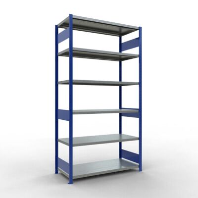 Grundregal, Fachbodenregal Stecksystem MULTIplus250, 2500 x 1300 x 600 mm (HxBxT), 6 Fachböden, Längenriegel, RAL 5010 enzianblau/verzinkt