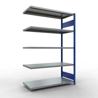 Anbauregal, Fachbodenregal Stecksystem MULTIplus250, 2000 x 1300 x 600 mm (HxBxT), 5 Fachböden, Längenriegel, RAL 5010 enzianblau/verzinkt