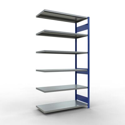 Anbauregal, Fachbodenregal Stecksystem MULTIplus250, 2500 x 1300 x 600 mm (HxBxT), 6 Fachböden, Längenriegel, RAL 5010 enzianblau/verzinkt
