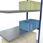 Anbauregal, Fachbodenregal Stecksystem MULTIplus250, 3000 x 1300 x 600 mm (HxBxT), 7 Fachböden, Längenriegel, RAL 5010 enzianblau/verzinkt