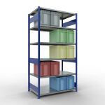 Grundregal, Fachbodenregal Stecksystem MULTIplus250, 2500 x 1300 x 800 mm (HxBxT), 6 Fachböden, Längenriegel, RAL 5010 enzianblau/verzinkt
