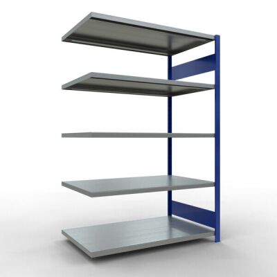 Anbauregal, Fachbodenregal Stecksystem MULTIplus250, 2000 x 1300 x 800 mm (HxBxT), 5 Fachböden, Längenriegel, RAL 5010 enzianblau/verzinkt