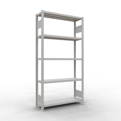 Grundregal, Fachbodenregal Stecksystem MULTIplus330, 2000 x 1000 x 300 mm (HxBxT), 5 Fachböden, Längenriegel, RAL 7035 lichtgrau