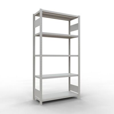 Grundregal, Fachbodenregal Stecksystem MULTIplus330, 2000 x 1000 x 400 mm (HxBxT), 5 Fachböden, Längenriegel, RAL 7035 lichtgrau